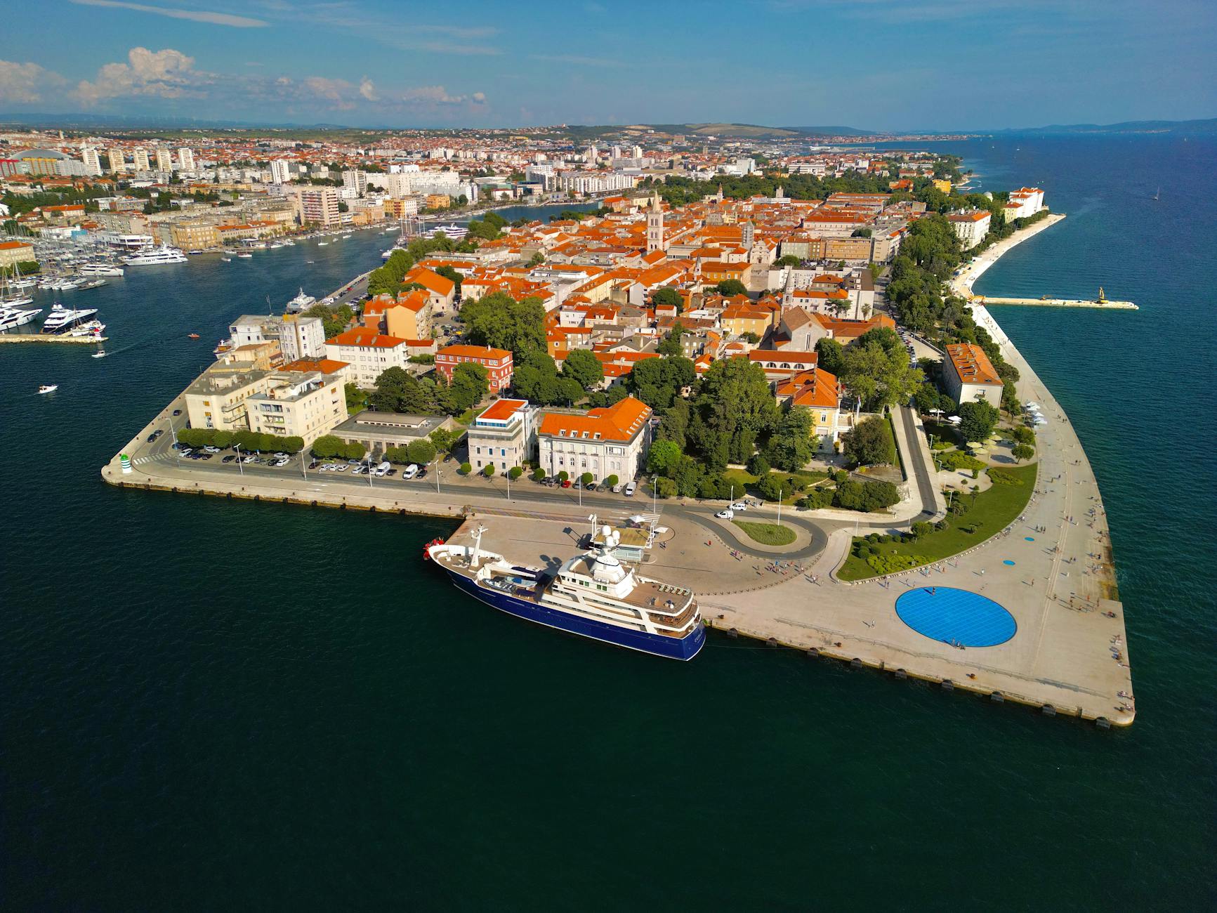drone shot of zadar on sea shore