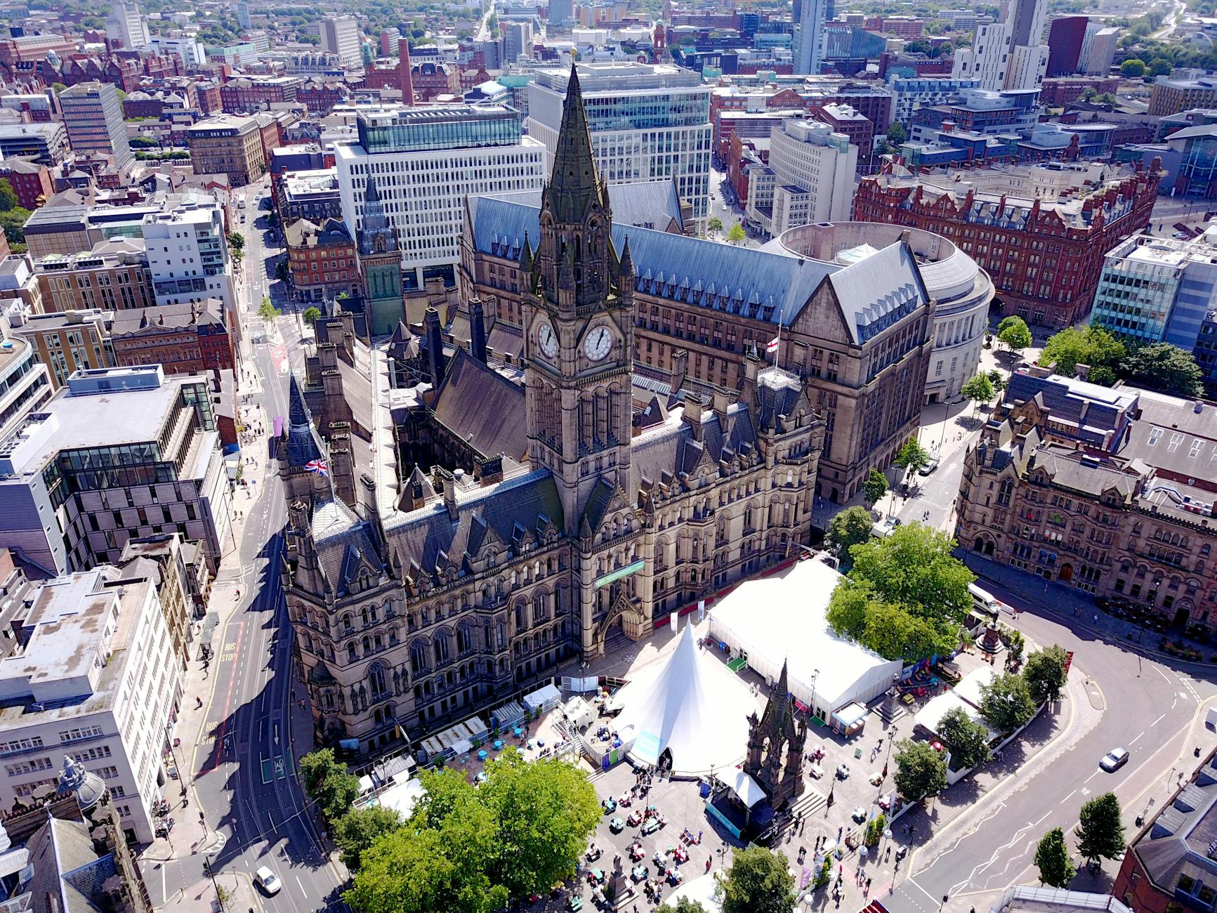 aerial view of manchester town hall