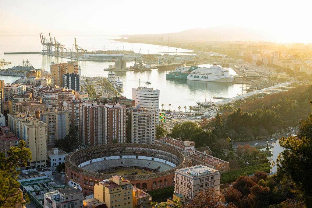 aerial view of malaga with bullring and harbor